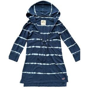 Hollister Womens Y2K Hooded Tunic Top Navy Tie Dye Stripe Size M Beachy